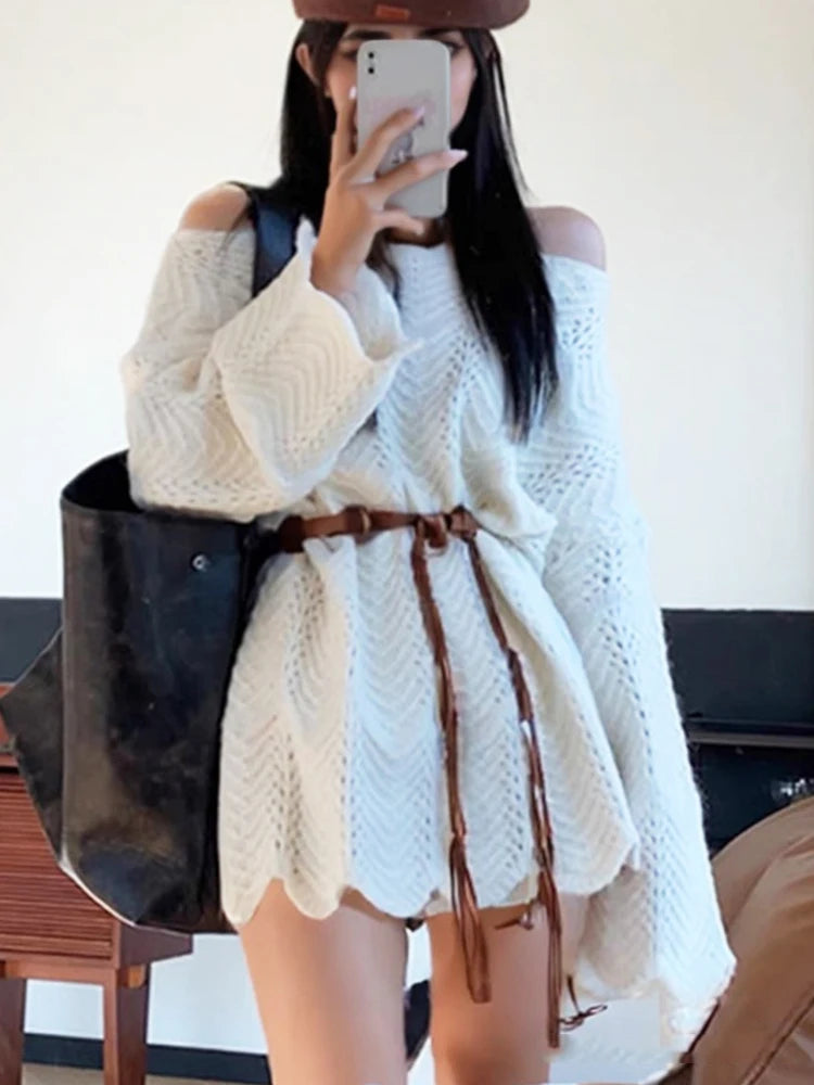 Long Sleeve Loose Casual Solid Tops Sweet Knitwear Fashion Off Shoulder Pullovers Women Long Sweater  Autumn Elegant Knitted