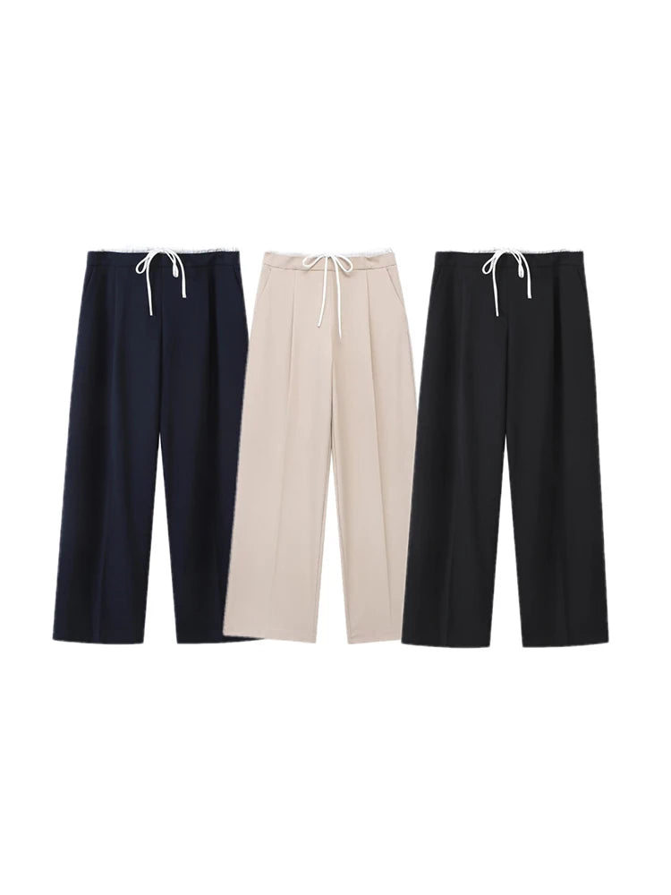 Women's Casual Double Layer High Waist Splicing Design Wide Leg Pants Pure Colour Loose Drawstring Floor Straight Pants