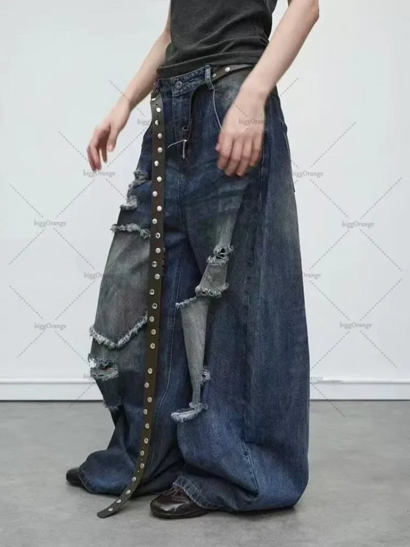 American Retro Washing Old Ripped High Waist Loose Wide-leg Jeans Women Trendy Hip-hop Casual Y2K Harajuku Streetwear Trousers