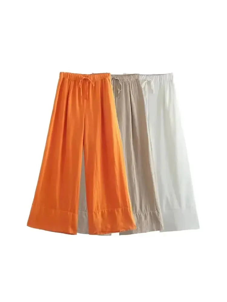 Women Fashion Side Pockets Linen Wide Leg Pants Vintage High Elastic Waist With Drawstrings Female Trousers Mujer
