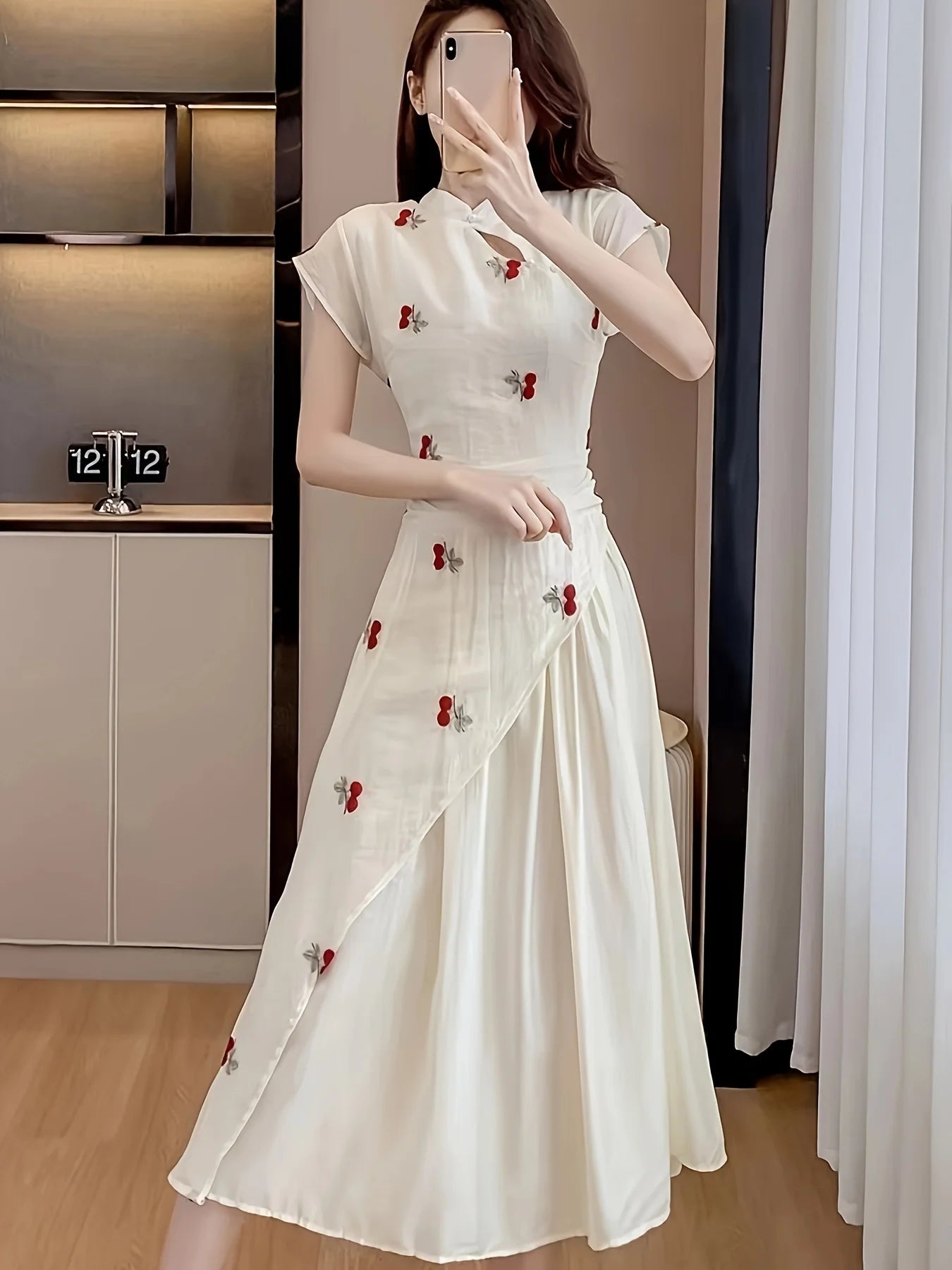 Elegant Cherry Print Mandarin Collar Dress, 100% Polyester Asymmetrical A-Line Cheongsam Style