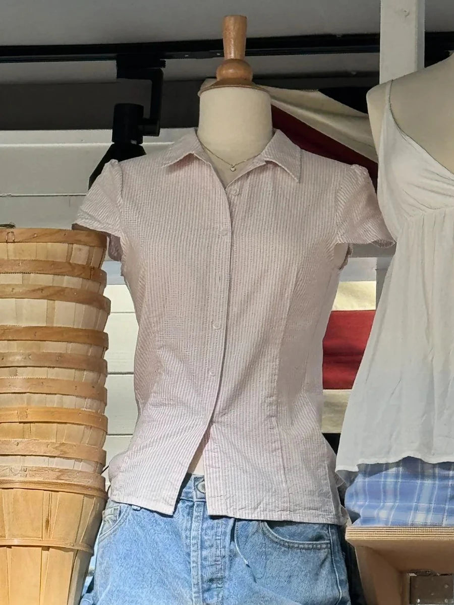 Pink Striped Slim T-shirt Blouse Woman Summer Lapel Single Breasted Short Sleeve Tee Tops Sweet Cute Preppy Style Shirts Y2k