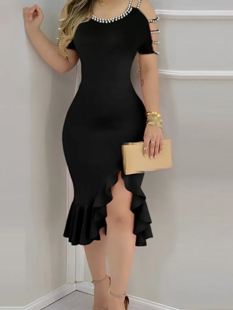 Fashion Autumn Winter  Solid Color Party Off Shoulder Dress Sexy Round Neck Out Sleeve Split Hip Skirt Elegant Slim Women Dress