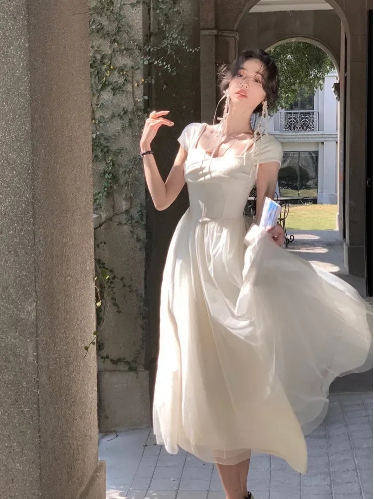 Summer New Dress For Women French Elegant Luxury Mesh Vestidos Mujer Fairycore White Maxi Evening Party Female Clothes 2024