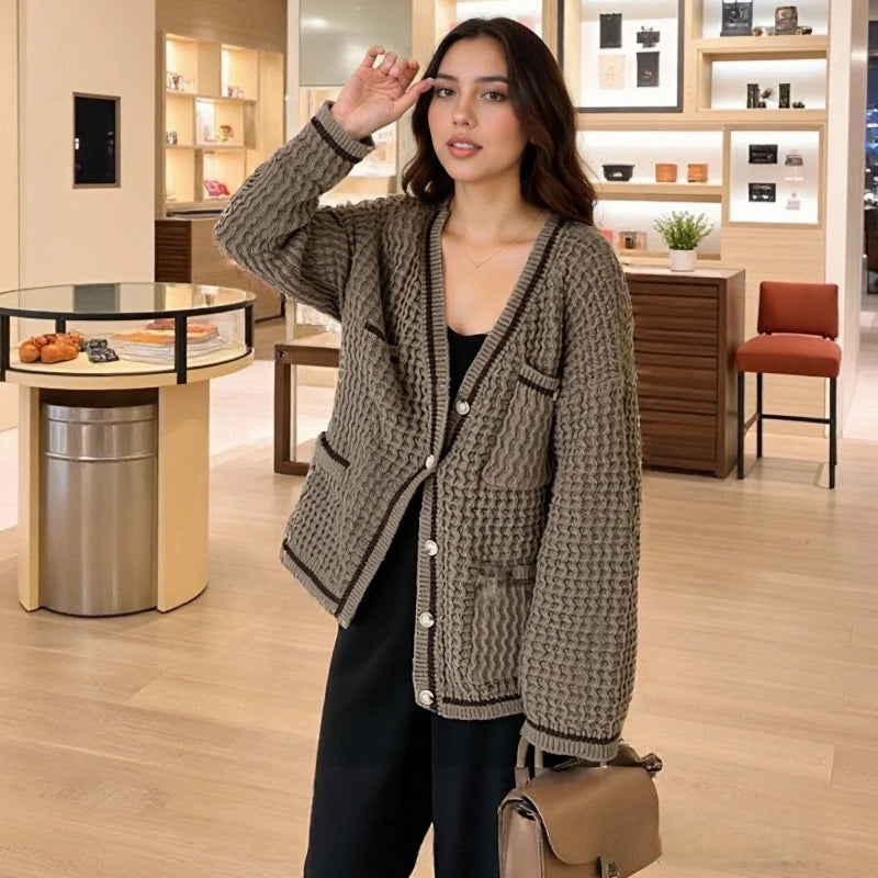 2025 Autumn Winter Women Long Sleeve Cardigan Loose Casual Knitted Top Elegant Knitwear Korean Style Women's Sweater Jacket