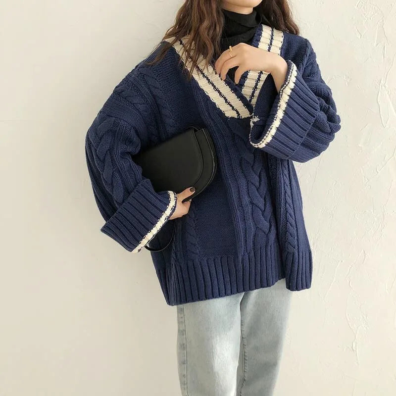 Autumn/winter V-neck Sweater Korean Loose Knit Fried Dough Twists Sweater Retro Casual Loose Pullover College Style Women's Top