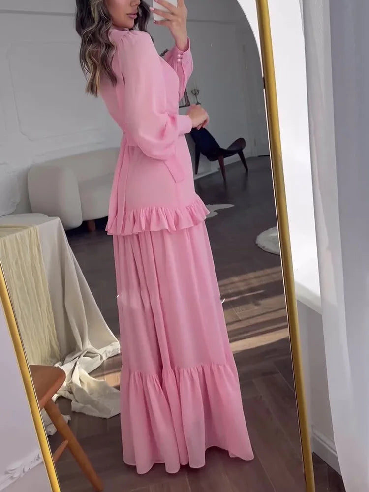 Women Casual Long Sleeve Solid Long Dress Autumn Fashion Draped Pleat Party Dress Spring Elegant V-neck Patchwork Evening Dress