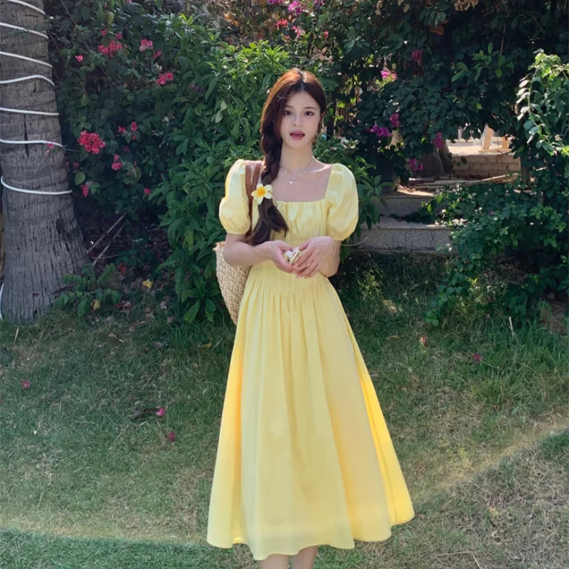 Y2k Summer Fold Yellow Dress French Puff Sleeve Dresses One Piece Slim Dress Women's Long Dresses Solid Casual Fashion Clothes