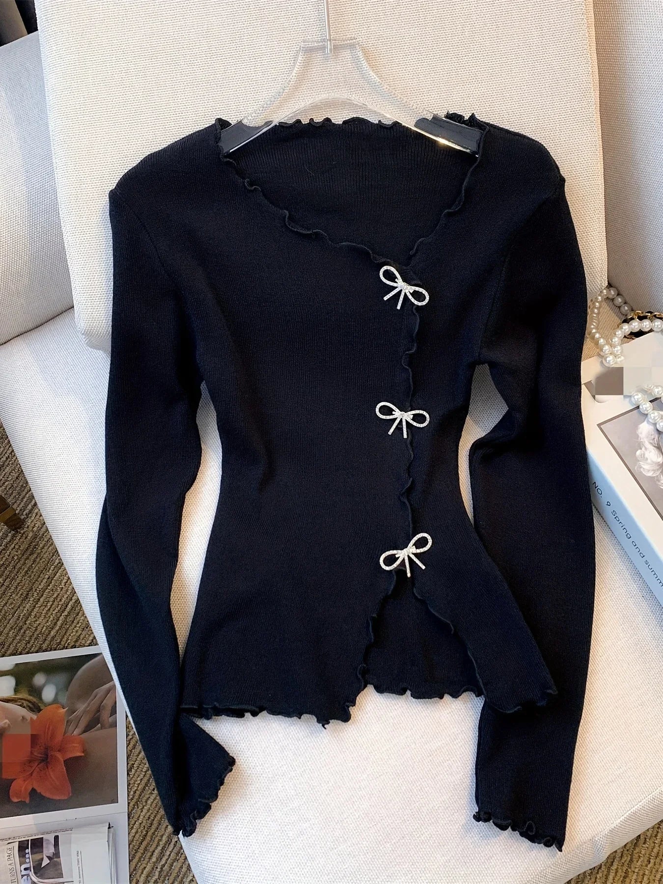 2026 Black/White Solid Lettuce Trim Bowknot Pullover Sweater Y2K Casual Long Sleeve Sweater For Spring & Fall Women's Clothing