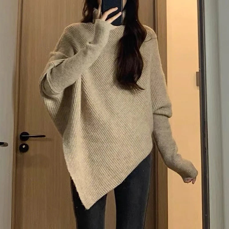 New Casual Turtleneck Pullover Irregular Women Sweater Autumn Winter Elegant Loose Long Sleeve Knitted Tops Solid Color Clothing