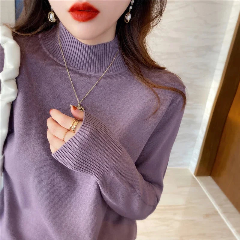 Autumn Winter Half High Neck Knitted Sweater for Women Slim Fit Elegant Solid Soft Primershirt New Gentle Women's Knitwear Tops