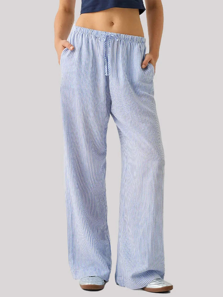 Chic Striped Loose Pants Women's Pink Blue Straight Leg Trousers Spring Autumn Elastic Waist Y2K Pants