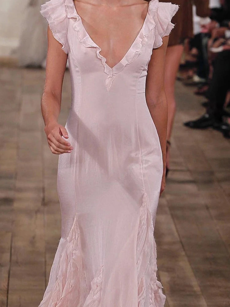 Pink Ruffle Design High Waist Long Dress Summer Women V Neck Sleeveless Wrap Hip Dress Elegant Slim Fit Evening Dress Vestidos