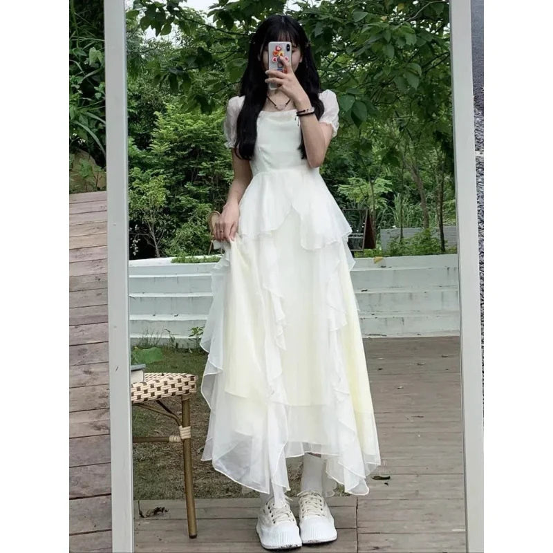 French Women's Clothing Summer New Square Collar Design Sense Skinny Princess Sleeve Minimalist Maxi A-Line Evening Dresses