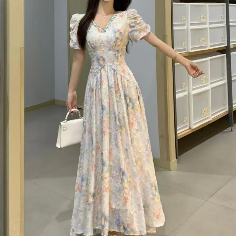 French Sweet Floral Dress High Waist Slimming Summer Vacation Long Dress