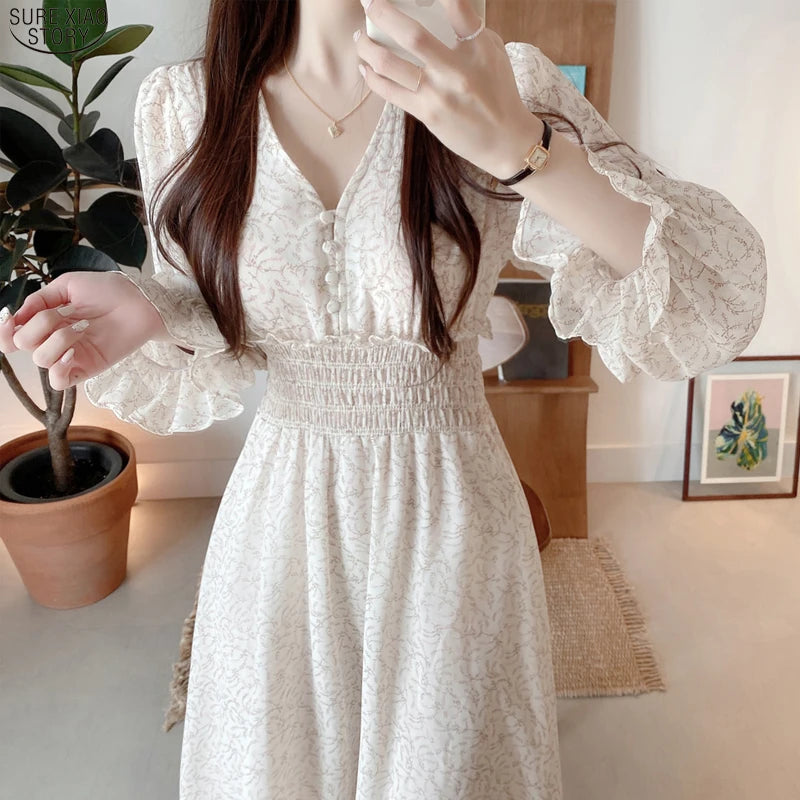 Autumn Fashion Casual Vintage Women Dress Spring Floral V-neck Midi Chiffon Dress Lady Long Sleeve Dresses Vestido Elegant 11665