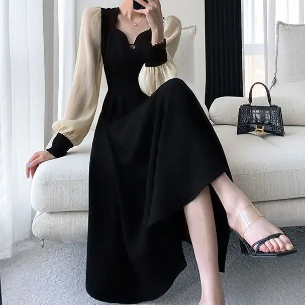 Square Collar Splicing Dress for Women 2025 Autumn New Style Temperament Waist-hugging and Slim Little Black Skirt