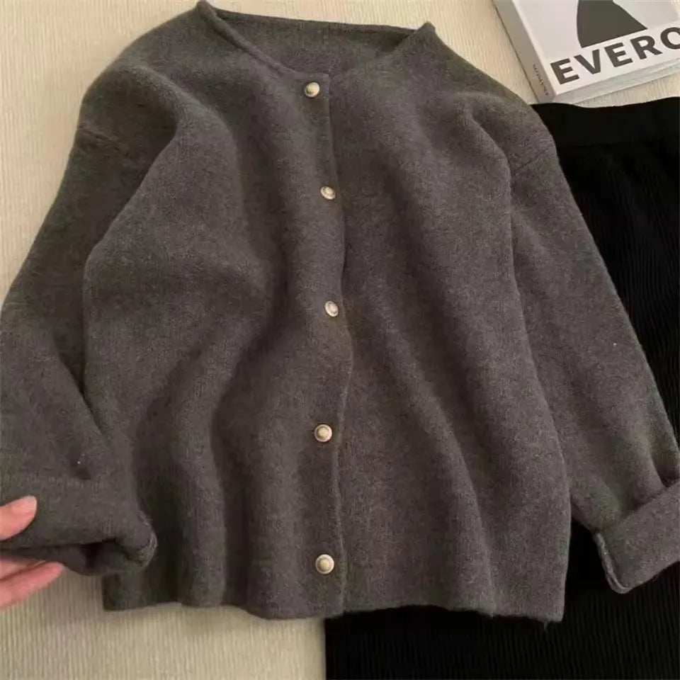 Fashion Round Neck Knit Cardigan Sweater Spring Autumn Korean Casual Long Sleeve Loose Wool Women Knitwear Versatile Basic Tops