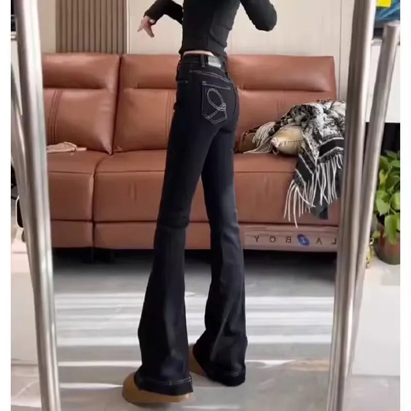 High Waist Elastic Slim Wide Leg Micro Flared Denim Jeans Women's Autumn Winter New Sle ket Embroidery Bla Skinny Jeans