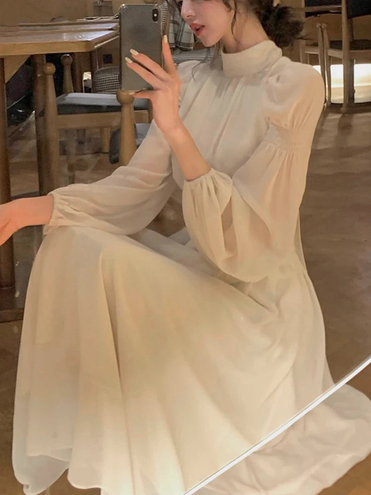 2025 Spring Turtleneck White Midi Dress Women  Long Sleeve French Elegant One Piece Dress Korean Fashion Y2k Clothing Design