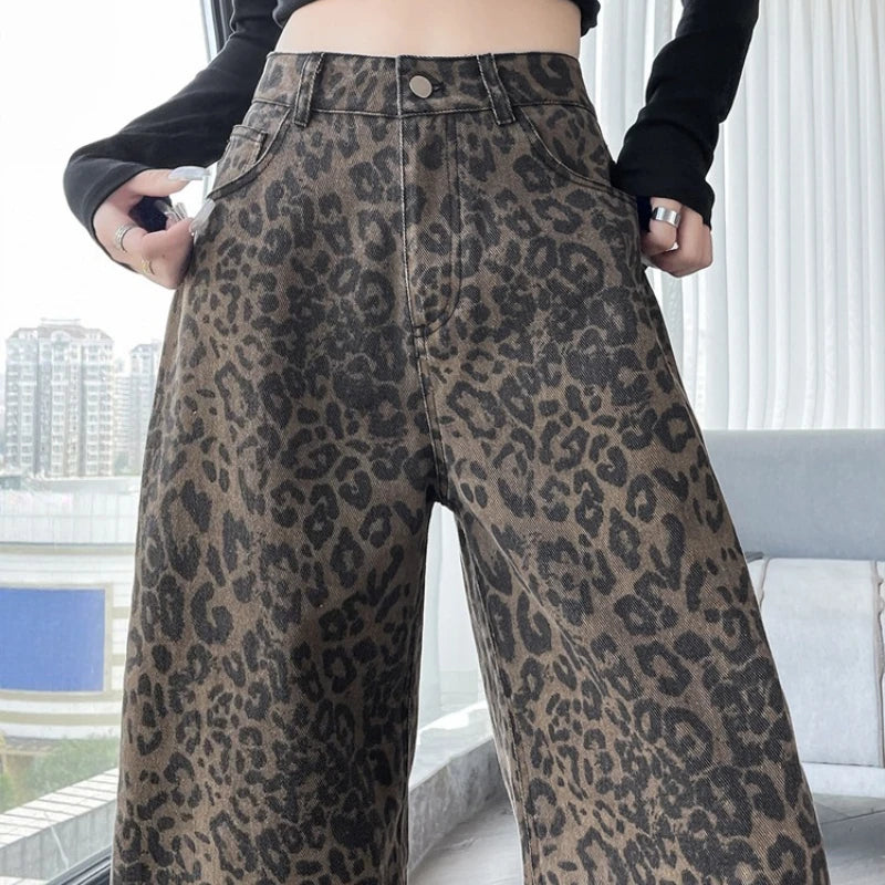 Autumn Vintage Leopard Printed Women's Cargo Wide Leg Pants 2025 High Waist Single Button Casual Loose Straight Trousers Female