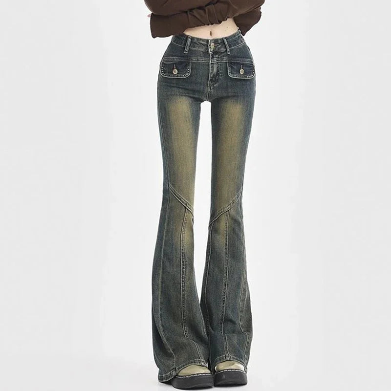 Woman High Waist Elastic Spliced Wide Leg Jeans Female Vintage Slim Fit Flare Pants Lady Blue Black Grey Denim Trousers Big Size