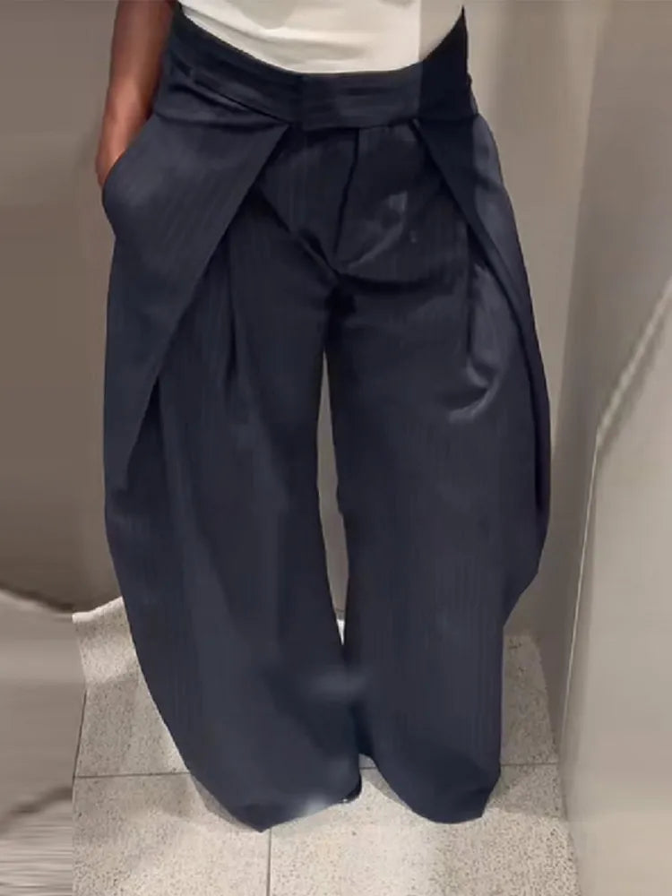 Oversized Loose Pleated Edge Suit Pant For Women Strip Big Leg Trousers Modern Wide Leg Suit Jean 2025 New Lady Y2k Streetwear