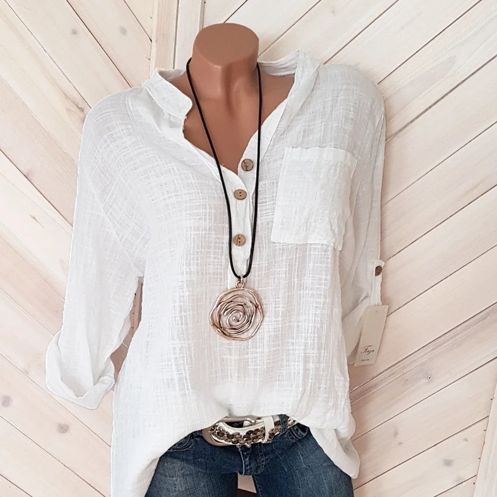 Women's cotton linen shirt solid color V-neck pocket temperament commuter women's long-sleeved top