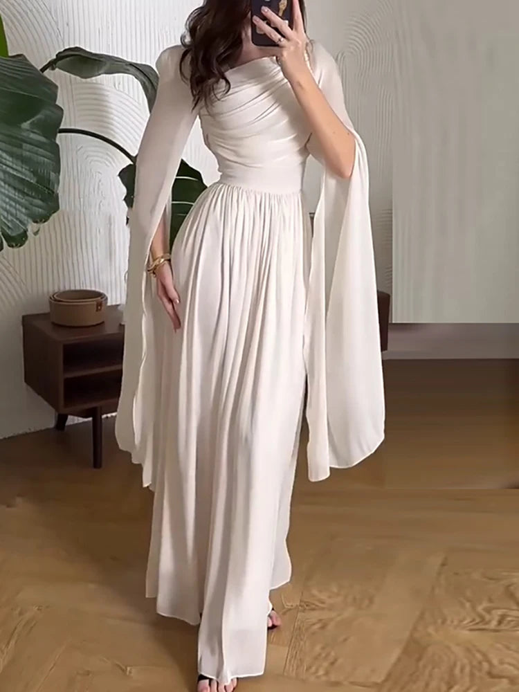 Chiffon Long Sleeved Pleated Party Dress Sexy Slanted Neck High Waisted Women's Robe Dress Casual Autumn Swing Party Dress Mujer