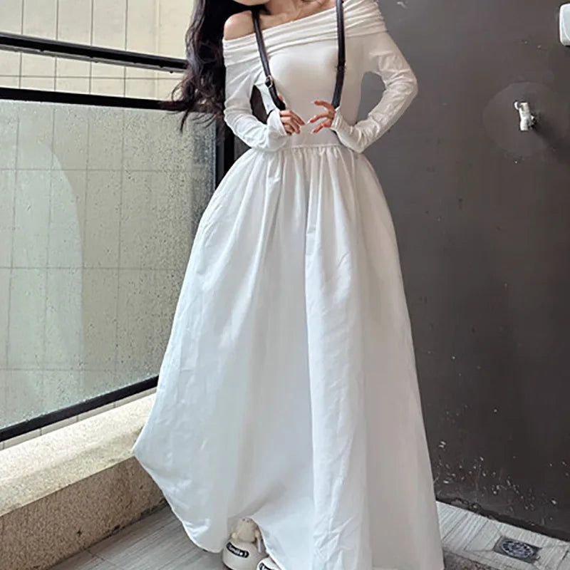 White One-length Neck Long Sleeve Dress for Women's Spring and Autumn New Off-shoulder Waist-hugging Slimming A-line Long Skirt