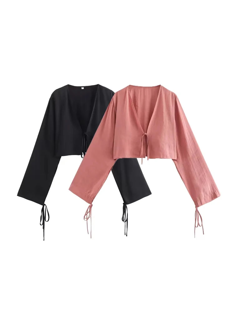 Women's Flowing Crop Shirts with Tied, V Neck, Long Sleeve, Female Blouses, Chic Tops, Fashion