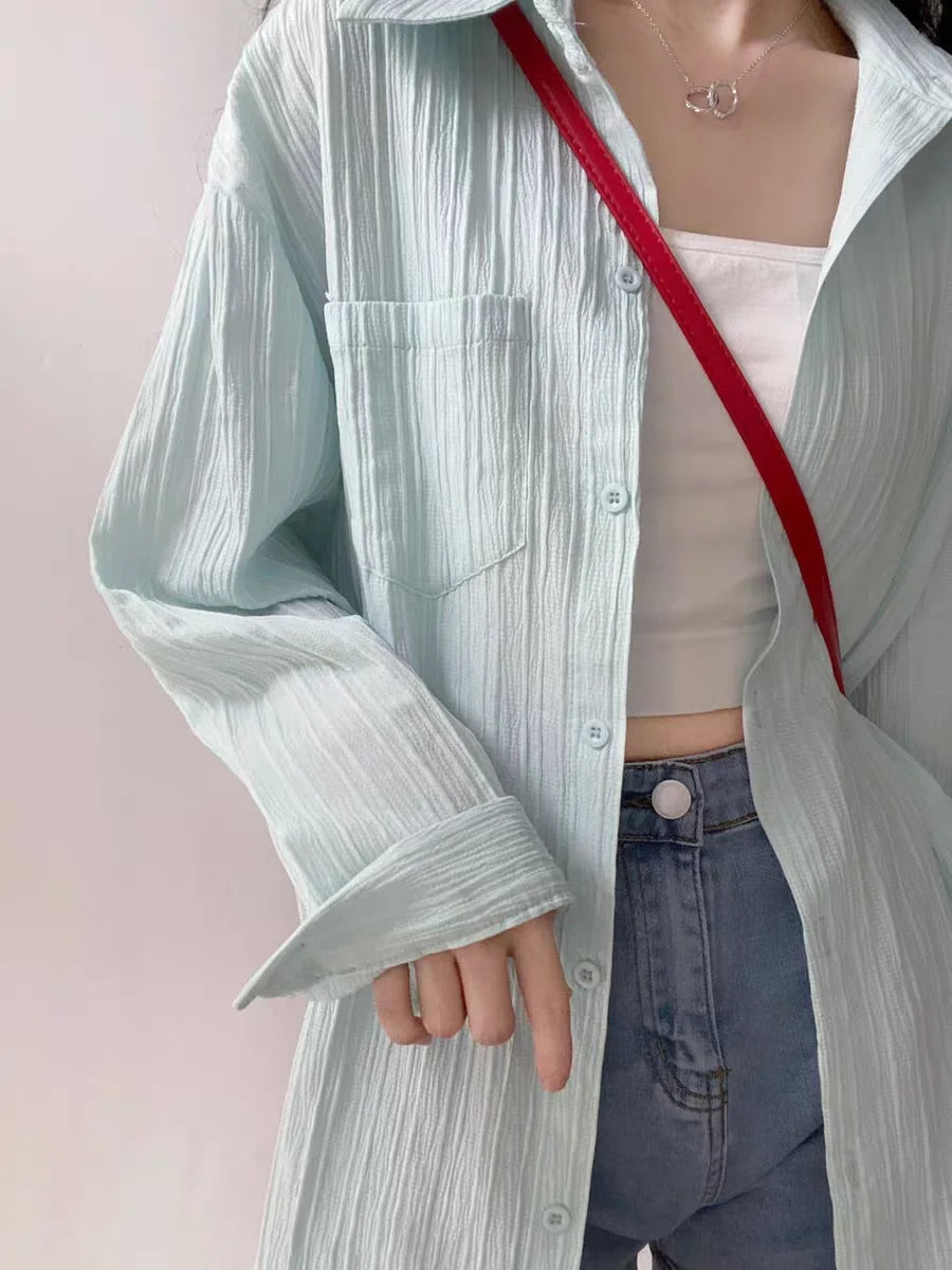Casual Pleated Shirt For Women Summer Sun-protective Long Sleeve Solid Color Button Up shirts Simple Ladies Daily Tops Fashion