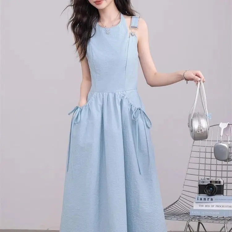 Sweet Sleeveless Dress With Waist Tie Elegant French Style