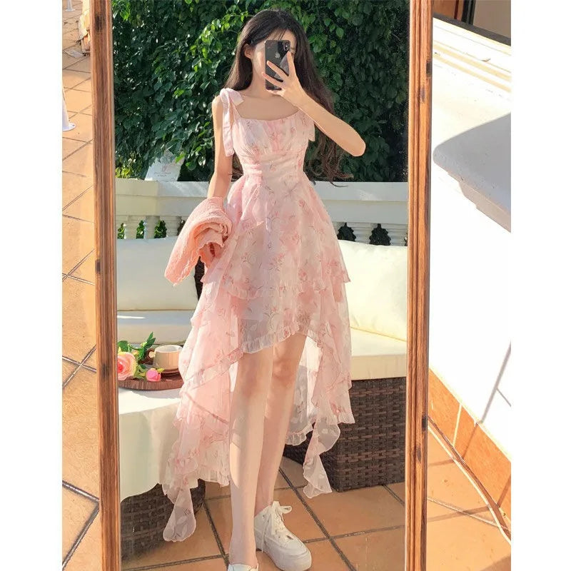 Summer New Chinese Tea Break French Temperament Slim High-end Exquisite Floral Halter  Matching Sets Dress Two Women's Clothing