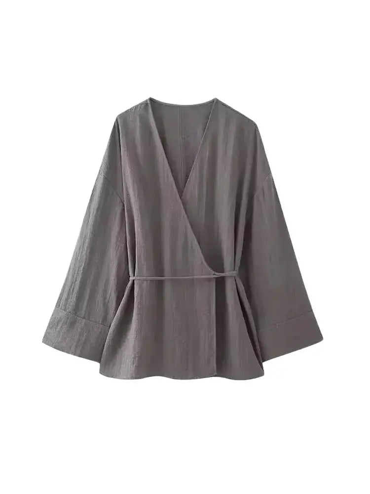 Women's Textured Crossover Kimono Blouses, Side Ties, Long Sleeves, Loose, Female Shirts, Chic Tops, Fashion