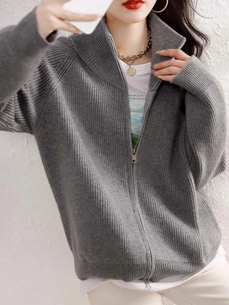 New Fashion Zipper Knitted Cardigan Women Autumn Winter Long Sleeve Sweater Coat Office Lady Casual Slim Knit Tops