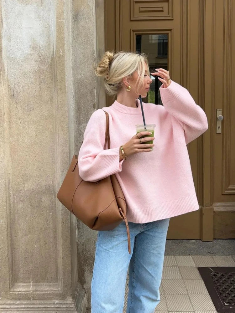 Women Solid Loose Sweater Fashion Elegant O-neck Long Sleeve Knitted Pullover Top 2023 Autumn Female Warm Thick Tops Jumpers
