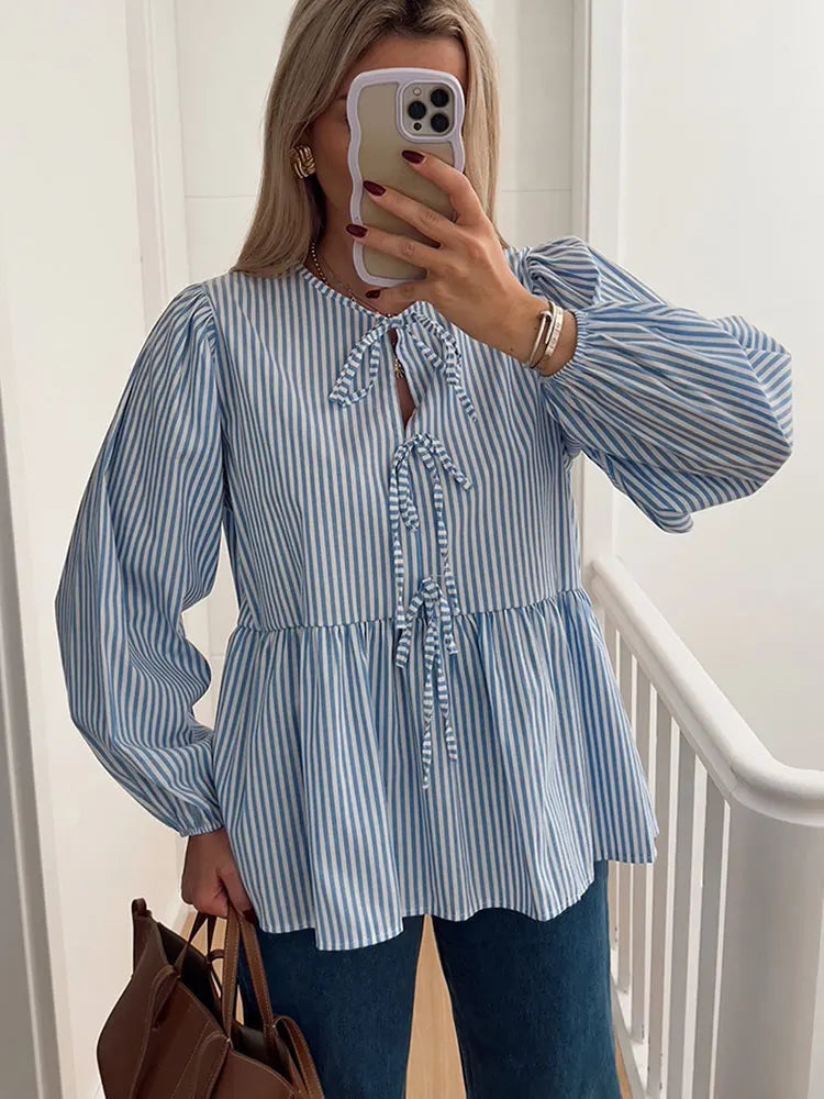 New Fashion Commuter Tie Bow Round Neck Blouse Elegant Blue White Striped Printed Long-Sleeved Shirt T-shirt Women's Versatile