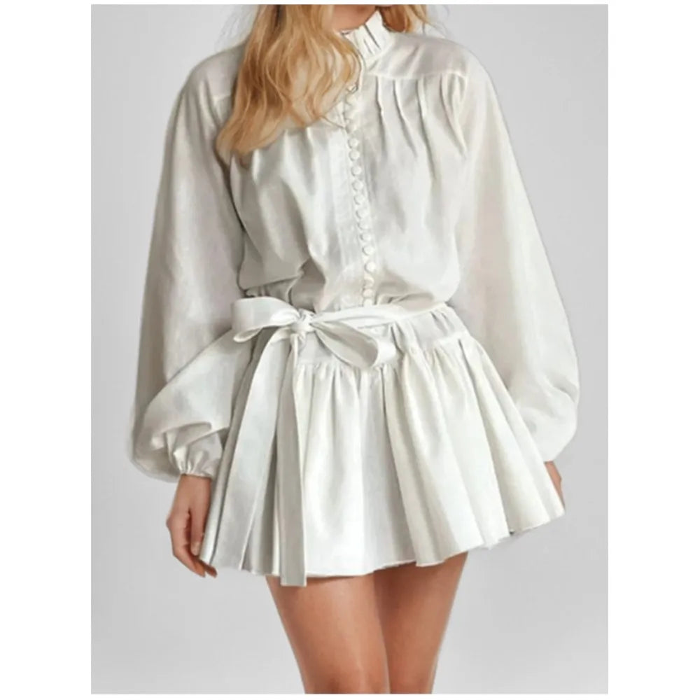 Fashion Lantern Long-sleeved Retro Printed Shirt Women's One-piece Short Skirt Autumn  Loose Lace Up A Line Big Swing Mini Skirt