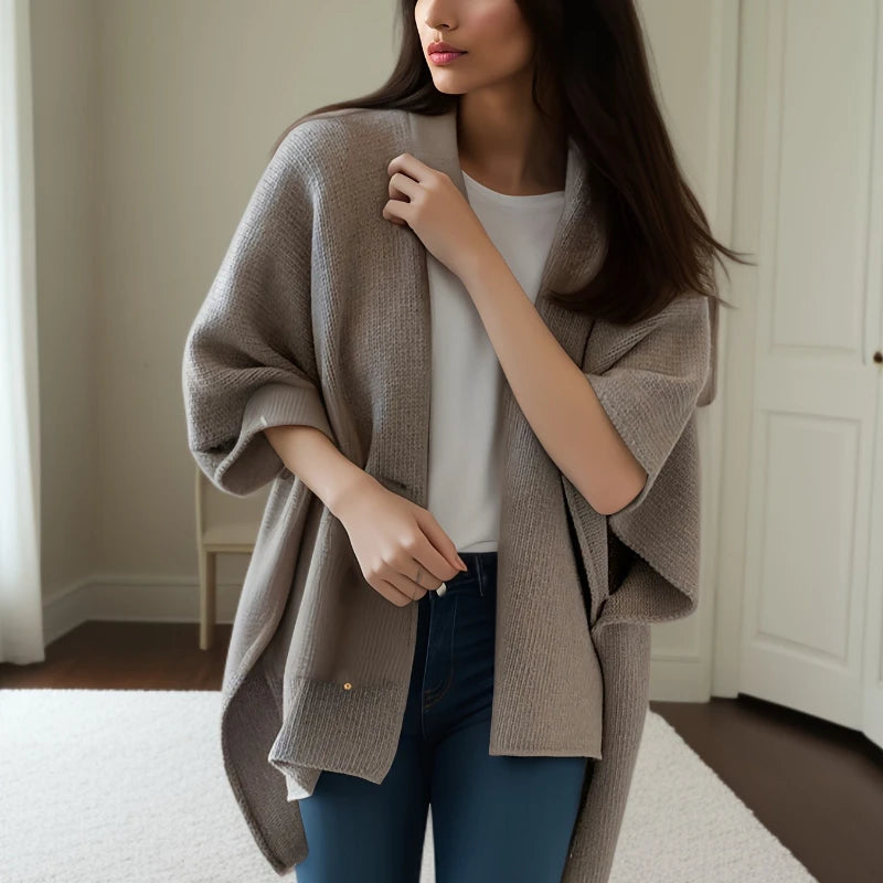 Women's Fashion New Solid Color Shawl Knitted Sweater Casual Warm Cardigan Cloak Elegant Knitted Women's Office Jacket