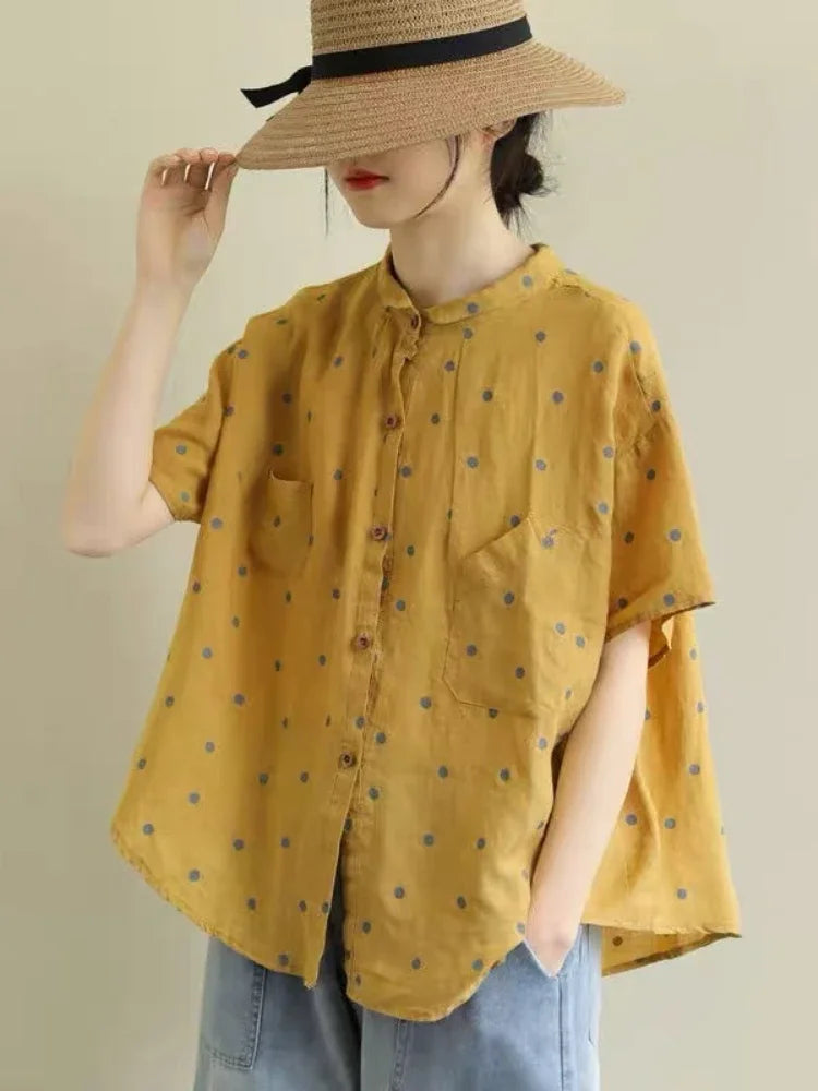 Summer Women Shirt Plus Size Cotton Linen Blouses Female Short Sleeve Shirts Casual Loose Vintage Tops Blouse Women's Clothing