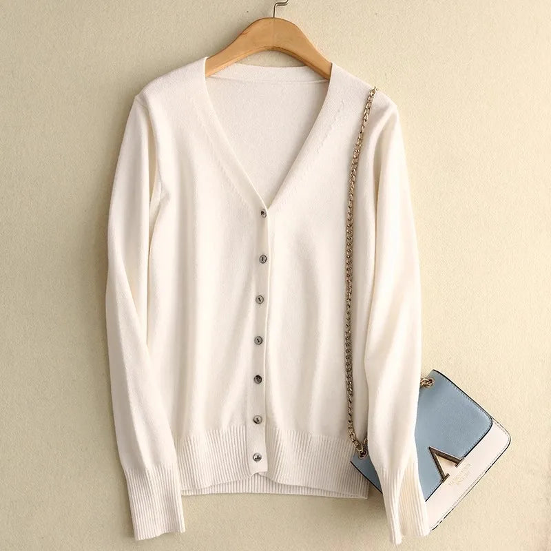 Sweater Knitted Cardigan Button Jacket 2025 Autumn Winter V-neck Long Sleeve Casual Short Tops For Women Sweater Grey White