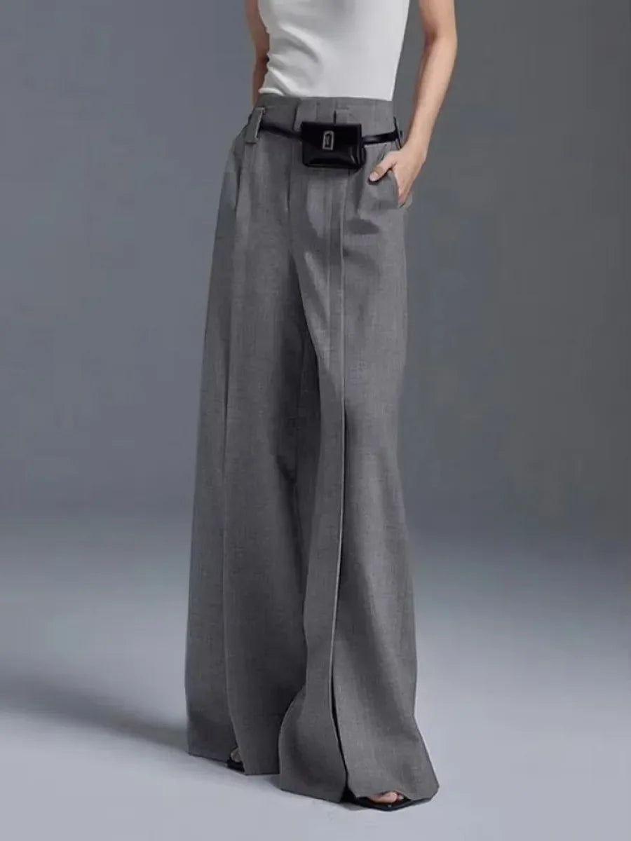 Missuoo Solid Color Formal Pants for Women Zippered High Waist Split-Front Pleated Trousers Office Ladies Loose Fit Bottoms
