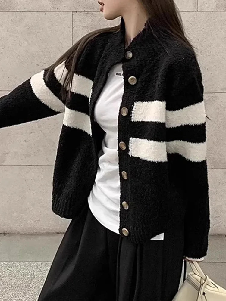 Autumn Winter Striped Cardigan Sweaters Fashion Women Print Knitted Bottons Coat Stand Collar Casual Loose Office Lady Clothes