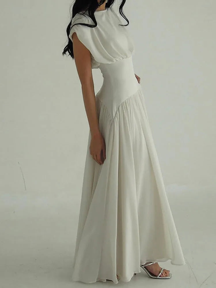 Summer Women Casual Short Sleeve Solid Long Dress 2025 Fashion Pleated Swing Party Dress Elegant O-neck Hight Waist A-Line Dress