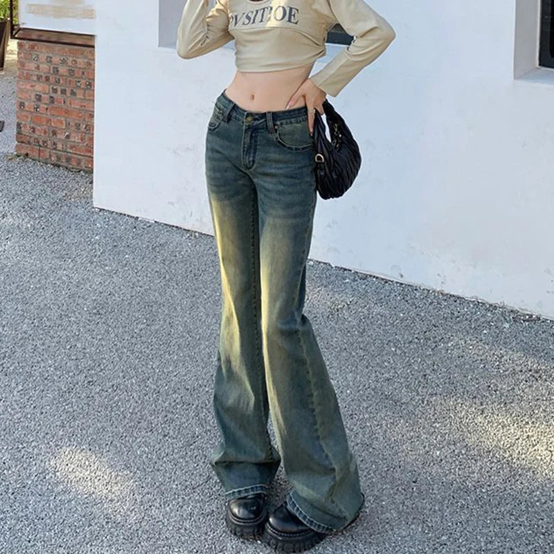 2025 Vintage High Waist Flare Jeans Women Autumn Streetwear Y2K Denim Trousers Female Sexy Slim Fit Long Denim Pants Female