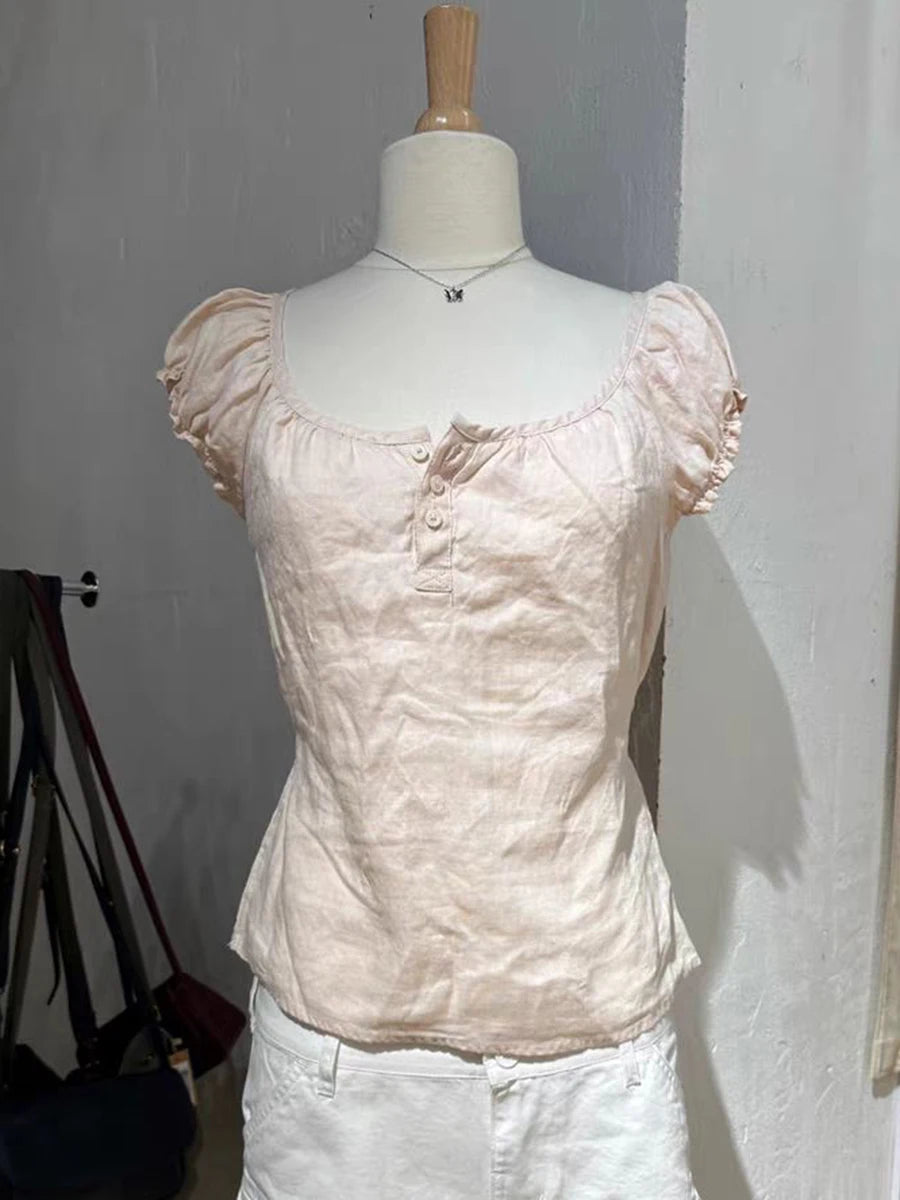 Pink Back Lace-up Slim T-Shirt Women Three Buttons O-neck Ruffles Puff Sleeve Linen Tee Blouse Vintage Sweet Cute Tshirt Y2k