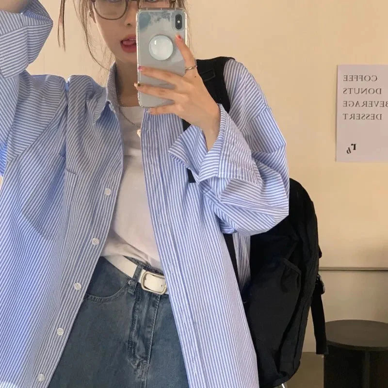 Preppy Style Long Sleeve Blue Striped Shirt Women Korean Fashion Turn Down Collar Loose Blouse Woman Harajuku Streetwear Shirt