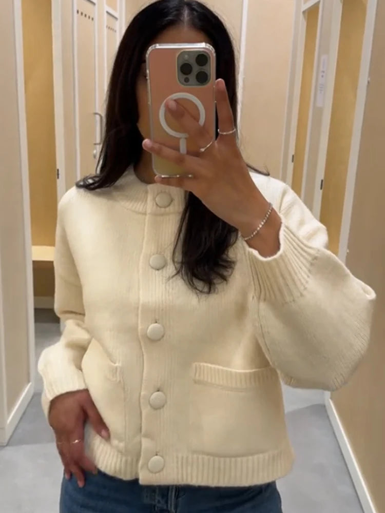 Casual Solid Knitted Cardigan Women O-neck Long Sleeve Single-breasted Pocket Sweater 2025 Autumn Lady Daily Knitwear