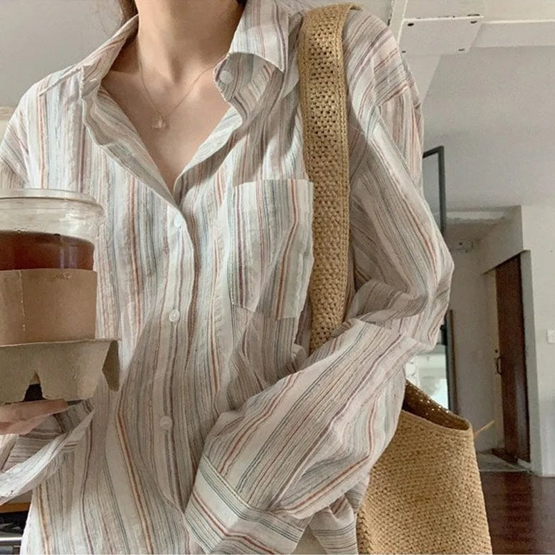 Casual Loose Shirts for Women Striped Sunscreen Shirt with Pocket Button Clothes New Fashion 2025 Spring 781